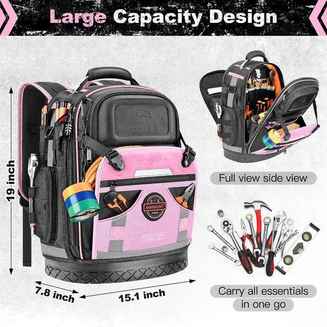 Alt view image 7 of 7 - Tool Backpack Bag, Electrician Tool Bag 78-Pockets & Loops Tools Bag HVAC Tool Bags for Men, Heavy Duty Storage Construction tools Backpack (style1-Pink)