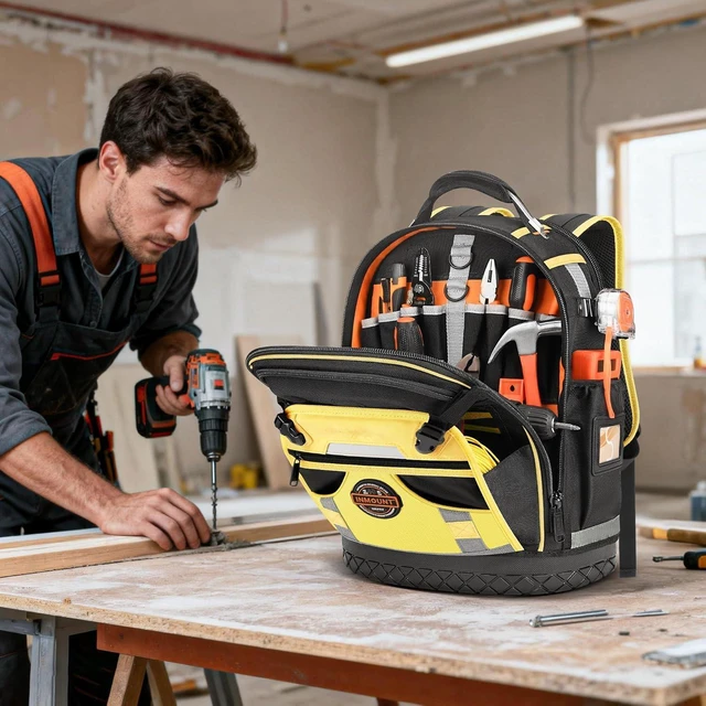 Alt view image 4 of 7 - Tool Backpack Bag, Electrician Tool Bag 78-Pockets & Loops Tools Bag HVAC Tool Bags for Men, Heavy Duty Storage Construction tools Backpack (style1-Yellow)