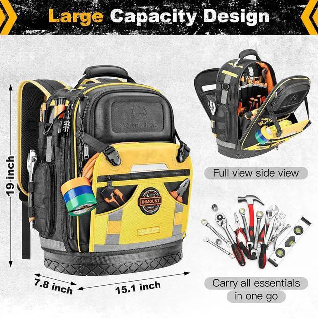 Alt view image 6 of 7 - Tool Backpack Bag, Electrician Tool Bag 78-Pockets & Loops Tools Bag HVAC Tool Bags for Men, Heavy Duty Storage Construction tools Backpack (style1-Yellow)