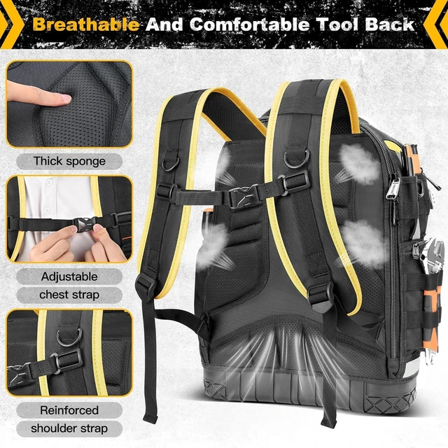 Alt view image 7 of 7 - Tool Backpack Bag, Electrician Tool Bag 78-Pockets & Loops Tools Bag HVAC Tool Bags for Men, Heavy Duty Storage Construction tools Backpack (style1-Yellow)