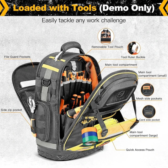 Alt view image 5 of 7 - Tool Backpack Bag, Electrician Tool Bag 78-Pockets & Loops Tools Bag HVAC Tool Bags for Men, Heavy Duty Storage Construction tools Backpack (style1-Yellow)