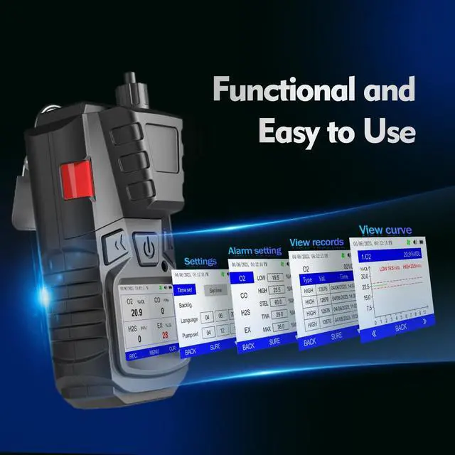 Alt view image 3 of 7 - Gas Detector with Pump, 4 Gas Monitor Multi Gas Detector CO EX O2 H2S Meter, 3000mAh Rechargeable 4 Gas Monitor with Calibration Kit, Portable LCD Display with Clip Sewer Gas Detector 4 Gas Meter
