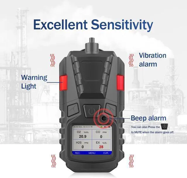 Alt view image 5 of 7 - Gas Detector with Pump, 4 Gas Monitor Multi Gas Detector CO EX O2 H2S Meter, 3000mAh Rechargeable 4 Gas Monitor with Calibration Kit, Portable LCD Display with Clip Sewer Gas Detector 4 Gas Meter