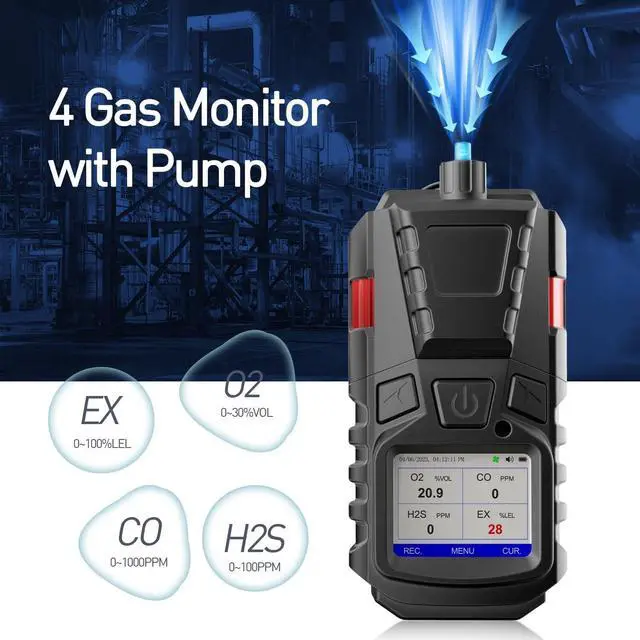 Alt view image 2 of 7 - Gas Detector with Pump, 4 Gas Monitor Multi Gas Detector CO EX O2 H2S Meter, 3000mAh Rechargeable 4 Gas Monitor with Calibration Kit, Portable LCD Display with Clip Sewer Gas Detector 4 Gas Meter