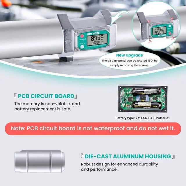 Alt view image 3 of 7 - 3" NPT Water Flow Meter, Farm, Irrigation, Pool & Industrial Use Digital Turbine Counter, ±1% Accuracy, 21-264 GPM, Rotatable Display, Anti-EMI, Sleep Mode, Gal (US)/L/Qts/Pts/m³