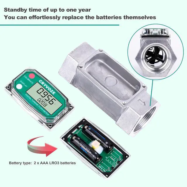 Alt view image 4 of 6 - 1.5" NPT Water Flow Meter, Farm & Irrigation, Pool, Diesel, Liquids Digital Turbine Counter, ±1% Accuracy, 10.5-74 GPM, Rotatable Display, Anti-EMI, Sleep Mode