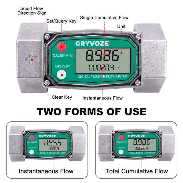 Alt view image 2 of 6 - 1.5" NPT Water Flow Meter, Farm & Irrigation, Pool, Diesel, Liquids Digital Turbine Counter, ±1% Accuracy, 10.5-74 GPM, Rotatable Display, Anti-EMI, Sleep Mode