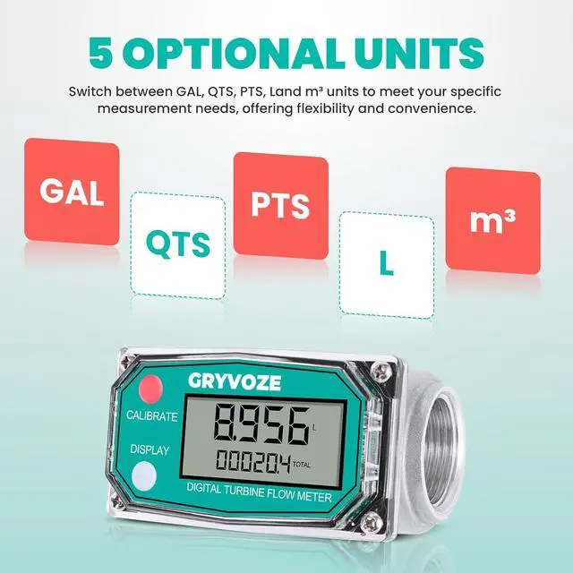 Alt view image 5 of 7 - 1" Fuel Flow Meter with 3/4" Adapters for Water, Diesel & Gasoline NPT Digital Turbine Flow Meter Counter, ±1% Accuracy, 2-26 GPM, Rotatable Display, Anti-EMI, Sleep Mode