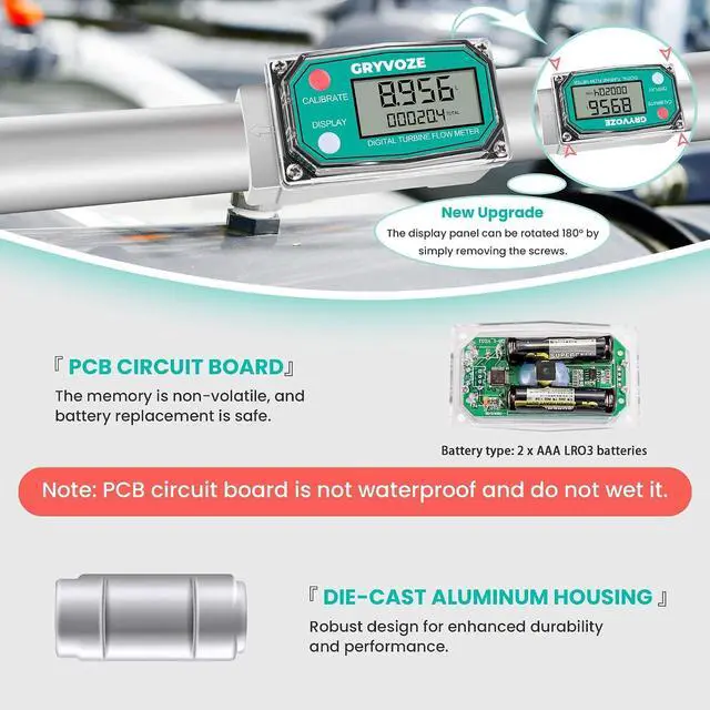Alt view image 6 of 7 - 1" Fuel Flow Meter with 3/4" Adapters for Water, Diesel & Gasoline NPT Digital Turbine Flow Meter Counter, ±1% Accuracy, 2-26 GPM, Rotatable Display, Anti-EMI, Sleep Mode
