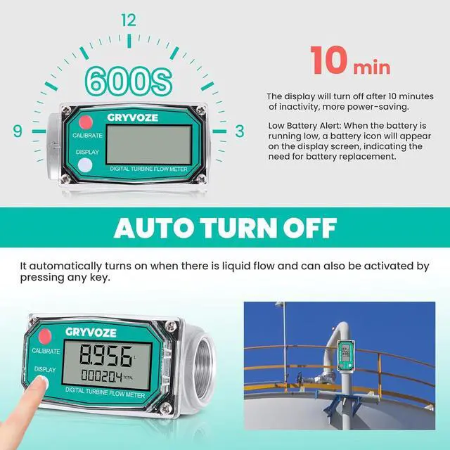 Alt view image 2 of 7 - 1" Fuel Flow Meter with 3/4" Adapters for Water, Diesel & Gasoline NPT Digital Turbine Flow Meter Counter, ±1% Accuracy, 2-26 GPM, Rotatable Display, Anti-EMI, Sleep Mode