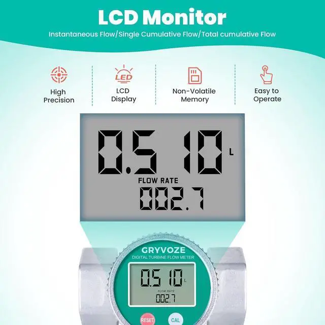 Alt view image 7 of 7 - Waterproof 2 Inch Water Flow Meter for Hot/Cold Water, Fuel & Pool 16160 GPM | High-Capacity | Digital Turbine Flowmeter | NPT Thread