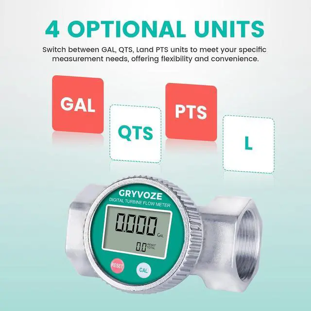 Alt view image 3 of 7 - 1.5" Waterproof Water Flow Meter, Farm, Irrigation, Pool & Liquids NPT Digital Turbine Counter, 10.5-74 GPM, ±1% Accuracy, 360° Rotatable Screen, Anti-EMI, Sleep Mode, Gal (US)/L/Qts/Pts/m³