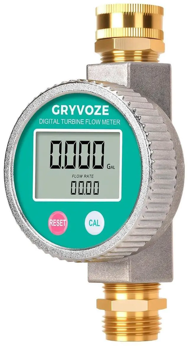 Main image of IPX8 Metal Water Flow Meter, ±1% Accuracy, Garden Hose/RV/Sprinkler, Outlasts Plastic | Large Screen | 3/4" GHT Brass Connector | Supports Gallon, Liter, GPM and LPM