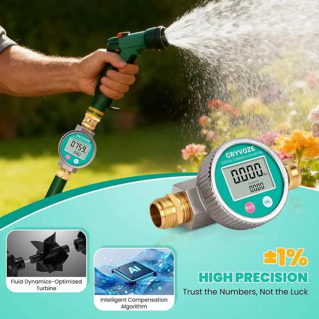 Alt view image 2 of 7 - IPX8 Metal Water Flow Meter, ±1% Accuracy, Garden Hose/RV/Sprinkler, Outlasts Plastic | Large Screen | 3/4" GHT Brass Connector | Supports Gallon, Liter, GPM and LPM