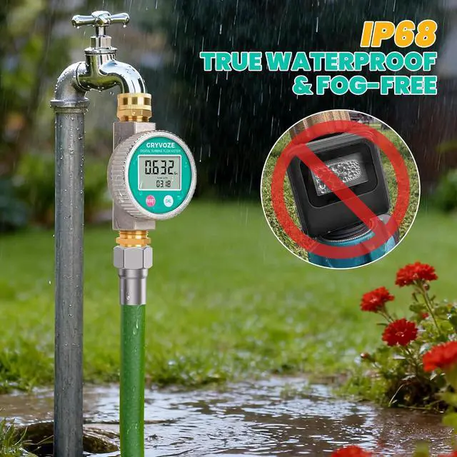 Alt view image 3 of 7 - IPX8 Metal Water Flow Meter, ±1% Accuracy, Garden Hose/RV/Sprinkler, Outlasts Plastic | Large Screen | 3/4" GHT Brass Connector | Supports Gallon, Liter, GPM and LPM