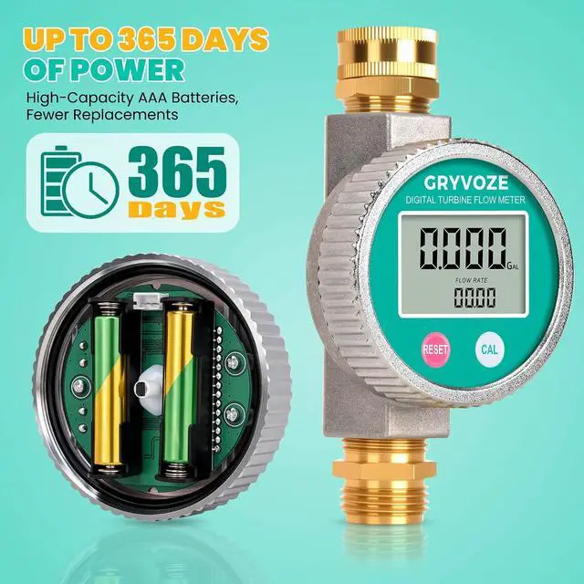 Alt view image 7 of 7 - IPX8 Metal Water Flow Meter, ±1% Accuracy, Garden Hose/RV/Sprinkler, Outlasts Plastic | Large Screen | 3/4" GHT Brass Connector | Supports Gallon, Liter, GPM and LPM