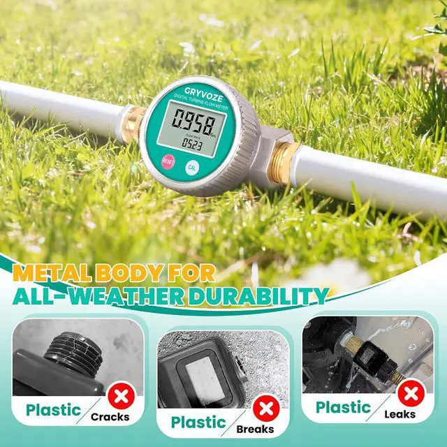 Alt view image 4 of 7 - IPX8 Metal Water Flow Meter, ±1% Accuracy, Garden Hose/RV/Sprinkler, Outlasts Plastic | Large Screen | 3/4" GHT Brass Connector | Supports Gallon, Liter, GPM and LPM