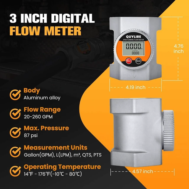 Alt view image 7 of 7 - Waterproof 3 Inch Flow Meter for Hot/Cold Water, Fuel & Liquids ±1% Accuracy, 360° Rotatable Screen, 20-260 GPM, NPT Female Thread, Supports Gallon, Liter, GPM, LPM, m³, QTS, PTS