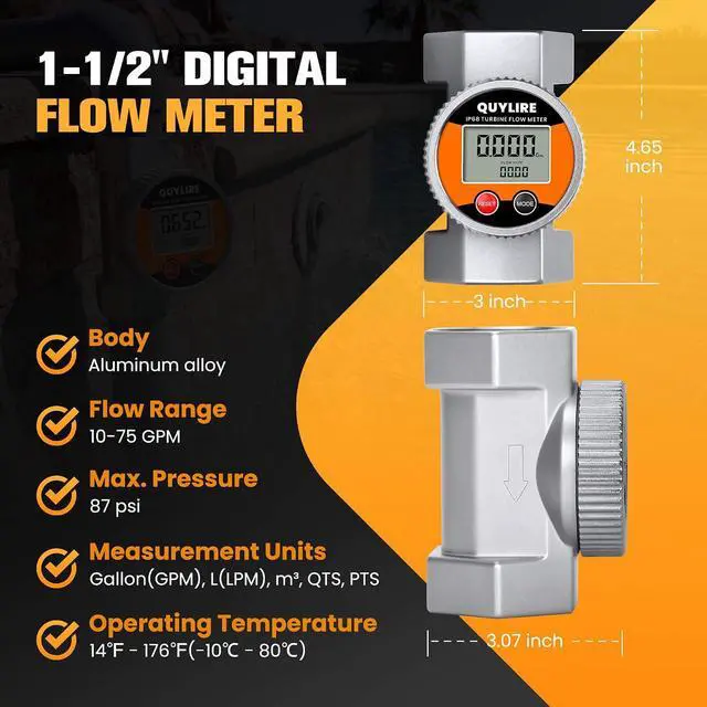 Alt view image 4 of 7 - Waterproof 1.5 Inch Flow Meter for Hot/Cold Water, Fuel & Liquids ±1% Accuracy, 360° Rotatable Screen, 10-75 GPM, NPT Female Thread, Supports Gallon, Liter, GPM, LPM, m³, QTS, PTS
