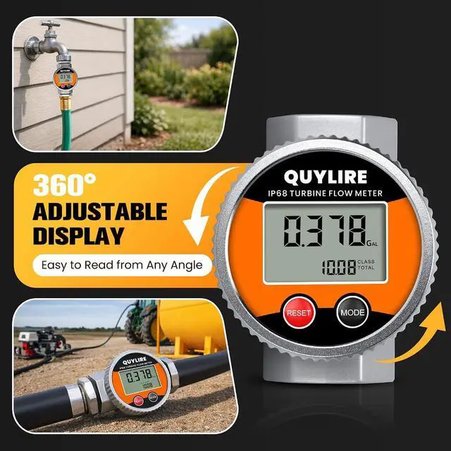 Alt view image 3 of 7 - Waterproof 1" Fuel Flow Meter, 3/4" Adapters, Water/Diesel/Gasoline ±1% Accuracy, 360° Rotatable Screen, 2-26 GPM, NPT Female Thread, Supports Gallon, Liter, GPM, LPM, m³, QTS, PTS