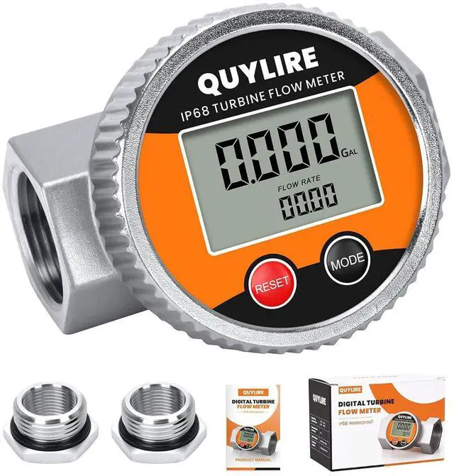 Main image of Waterproof 1" Fuel Flow Meter, 3/4" Adapters, Water/Diesel/Gasoline ±1% Accuracy, 360° Rotatable Screen, 2-26 GPM, NPT Female Thread, Supports Gallon, Liter, GPM, LPM, m³, QTS, PTS
