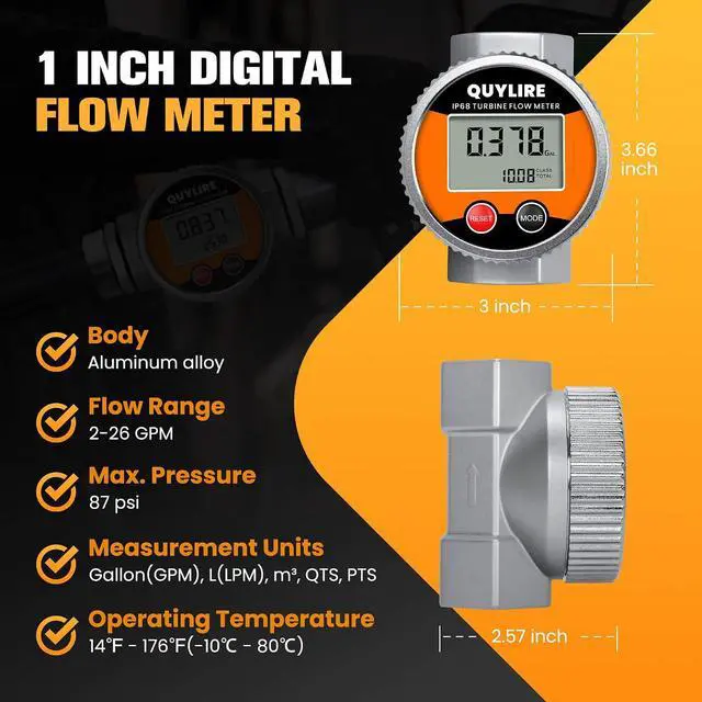 Alt view image 2 of 7 - Waterproof 1" Fuel Flow Meter, 3/4" Adapters, Water/Diesel/Gasoline ±1% Accuracy, 360° Rotatable Screen, 2-26 GPM, NPT Female Thread, Supports Gallon, Liter, GPM, LPM, m³, QTS, PTS