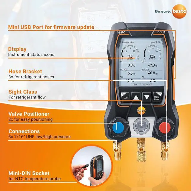 Alt view image 7 of 7 - testo 550s AC Manifold Gauge Set Manifold Gauges HVAC Incl. 2 Wired Temperature Clamp Probes Recharge Kit with Superheat, Subcooling For AC, Refrigeration & Heat Pumps Bluetooth