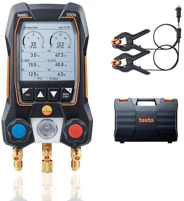Main image of testo 550s AC Manifold Gauge Set Manifold Gauges HVAC Incl. 2 Wired Temperature Clamp Probes Recharge Kit with Superheat, Subcooling For AC, Refrigeration & Heat Pumps Bluetooth