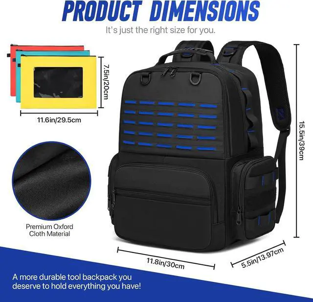 Alt view image 4 of 6 - Tool Backpack,Heavy Duty Tool Bags for Men,Tool Storage Organizer Bag With 3 Tool Pouches for Electrician/Industrial/Construction/Tactical/Hvac Techs/Repairman Work (Blue)