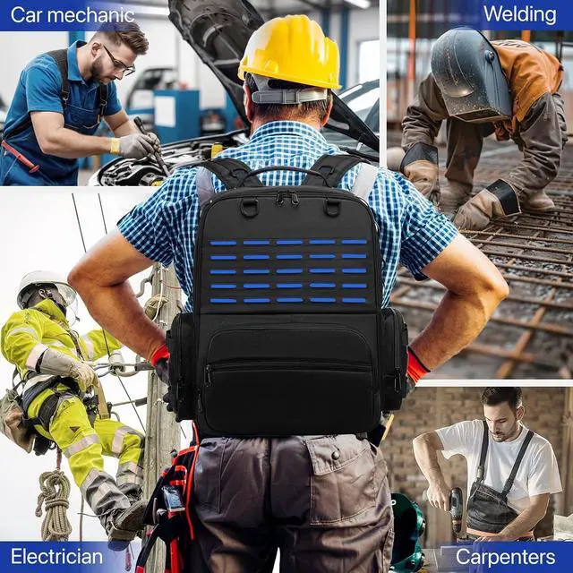 Alt view image 3 of 6 - Tool Backpack,Heavy Duty Tool Bags for Men,Tool Storage Organizer Bag With 3 Tool Pouches for Electrician/Industrial/Construction/Tactical/Hvac Techs/Repairman Work (Blue)
