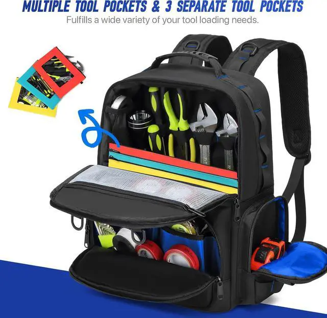 Alt view image 6 of 6 - Tool Backpack,Heavy Duty Tool Bags for Men,Tool Storage Organizer Bag With 3 Tool Pouches for Electrician/Industrial/Construction/Tactical/Hvac Techs/Repairman Work (Blue)