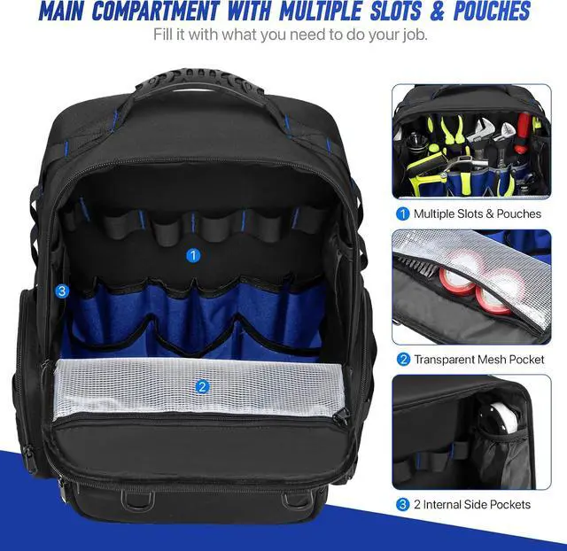 Alt view image 5 of 6 - Tool Backpack,Heavy Duty Tool Bags for Men,Tool Storage Organizer Bag With 3 Tool Pouches for Electrician/Industrial/Construction/Tactical/Hvac Techs/Repairman Work (Blue)