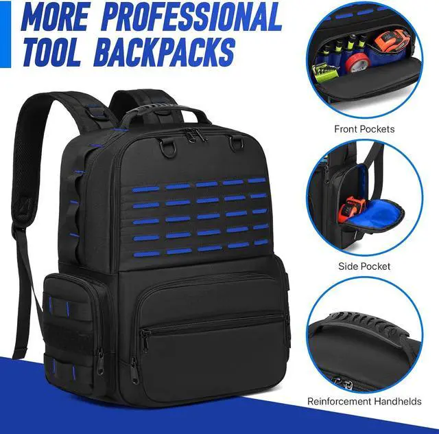 Alt view image 2 of 6 - Tool Backpack,Heavy Duty Tool Bags for Men,Tool Storage Organizer Bag With 3 Tool Pouches for Electrician/Industrial/Construction/Tactical/Hvac Techs/Repairman Work (Blue)