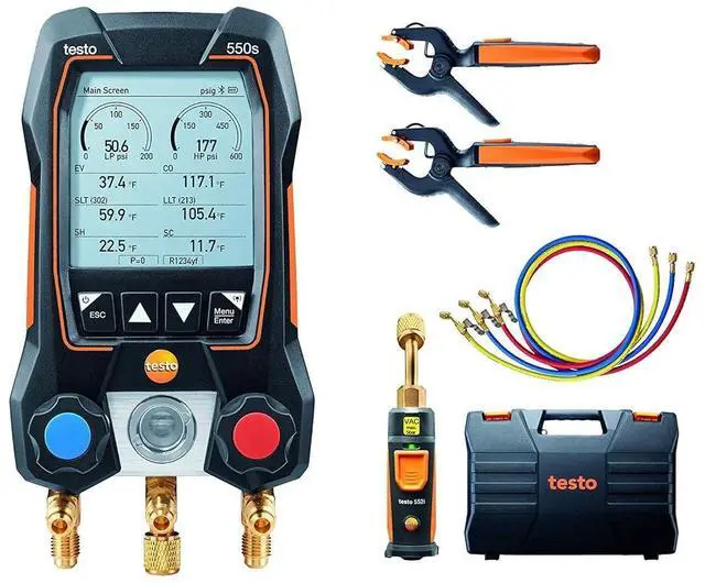 Main image of Testo 550s AC Manifold Gauge Set Manifold Gauges HVAC Incl. 2x 115i Pipe Clamp, 1x 552i Micron Gauge, Set of 3 Hoses Recharge Kit For AC, Refrigeration & Heat Pumps Bluetooth