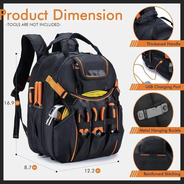 Alt view image 6 of 6 - Tool Backpack Heavy Duty 52 Pockets Tool Bag Backpack for Men Waterproof Electrician Bags with Laptop Compartment for Storage Organization Repairman Industrial & Construction Work Red