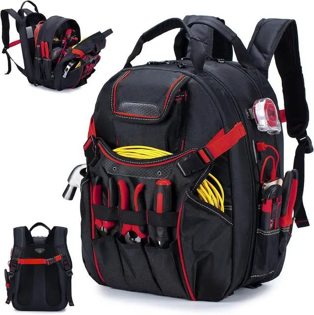 Main image of Tool Backpack Heavy Duty 52 Pockets Tool Bag Backpack for Men Waterproof Electrician Bags with Laptop Compartment for Storage Organization Repairman Industrial & Construction Work Red