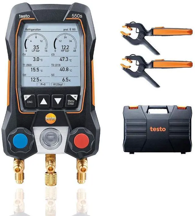 Main image of Testo 550s AC Manifold Gauge Set Manifold Gauges Hvac and Refrigeration Incl. 2x testo 115i Pipe Clamp Thermometer - AC Recharge Kit with superheat, subcooling and Bluetooth