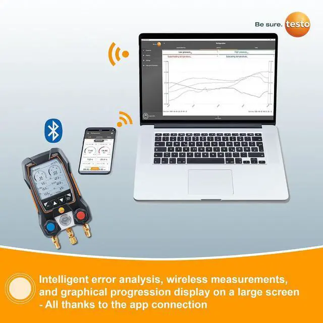 Alt view image 3 of 7 - Testo 550s AC Manifold Gauge Set Manifold Gauges Hvac and Refrigeration Incl. 2x testo 115i Pipe Clamp Thermometer - AC Recharge Kit with superheat, subcooling and Bluetooth