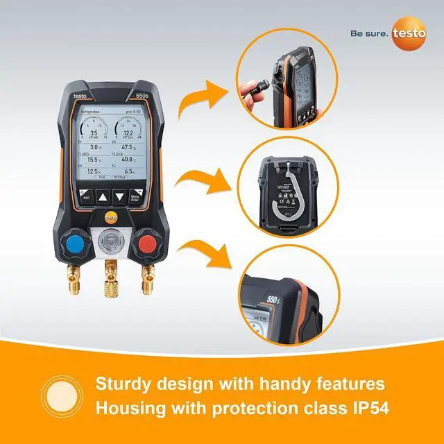 Alt view image 6 of 7 - Testo 550s AC Manifold Gauge Set Manifold Gauges Hvac and Refrigeration Incl. 2x testo 115i Pipe Clamp Thermometer - AC Recharge Kit with superheat, subcooling and Bluetooth