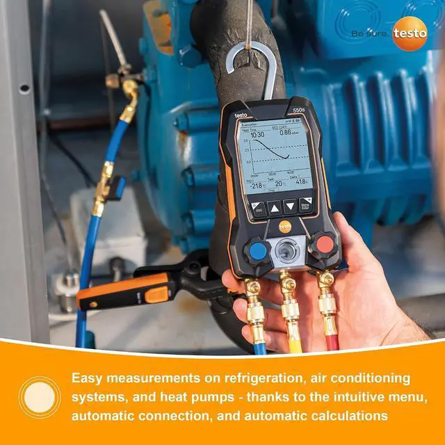 Alt view image 4 of 7 - Testo 550s AC Manifold Gauge Set Manifold Gauges Hvac and Refrigeration Incl. 2x testo 115i Pipe Clamp Thermometer - AC Recharge Kit with superheat, subcooling and Bluetooth