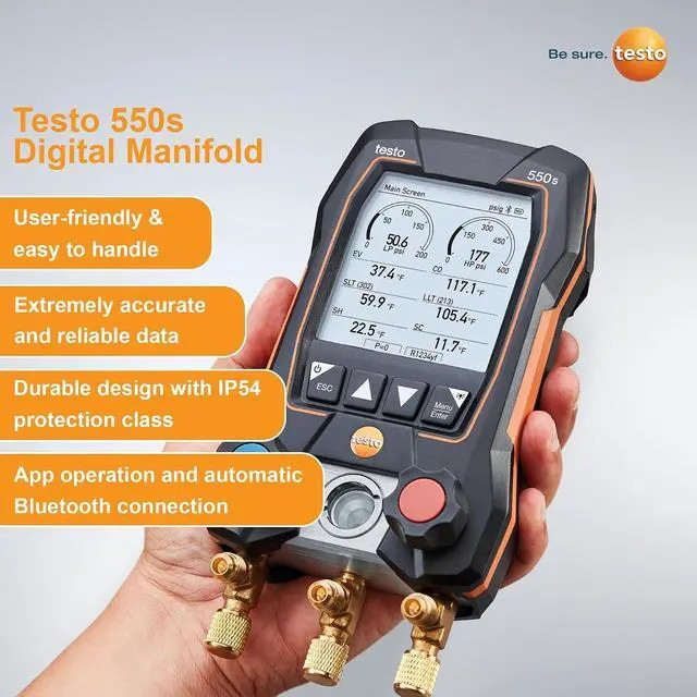 Alt view image 5 of 7 - Testo 550s AC Manifold Gauge Set Manifold Gauges Hvac and Refrigeration Incl. 2x testo 115i Pipe Clamp Thermometer - AC Recharge Kit with superheat, subcooling and Bluetooth
