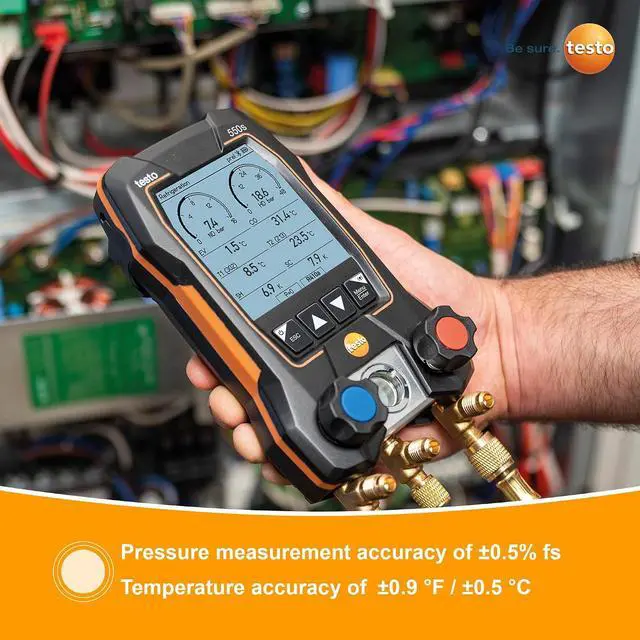 Alt view image 2 of 7 - Testo 550s AC Manifold Gauge Set Manifold Gauges Hvac and Refrigeration Incl. 2x testo 115i Pipe Clamp Thermometer - AC Recharge Kit with superheat, subcooling and Bluetooth