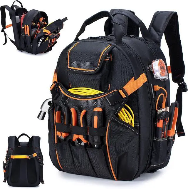 Main image of ool Backpack Heavy Duty 52 Pockets Tool Bag Backpack for Men Waterproof Electrician Bags with Laptop Compartment for Storage Organization Repairman Industrial & Construction Work, Black