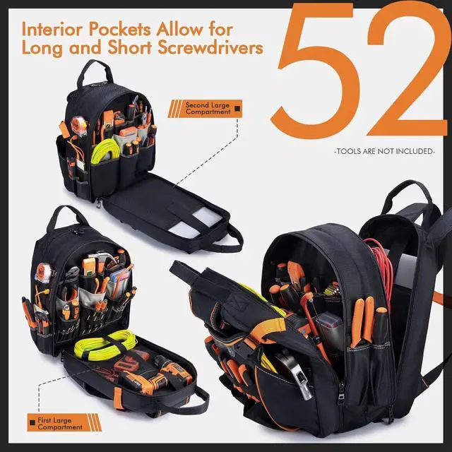 Alt view image 2 of 6 - ool Backpack Heavy Duty 52 Pockets Tool Bag Backpack for Men Waterproof Electrician Bags with Laptop Compartment for Storage Organization Repairman Industrial & Construction Work, Black