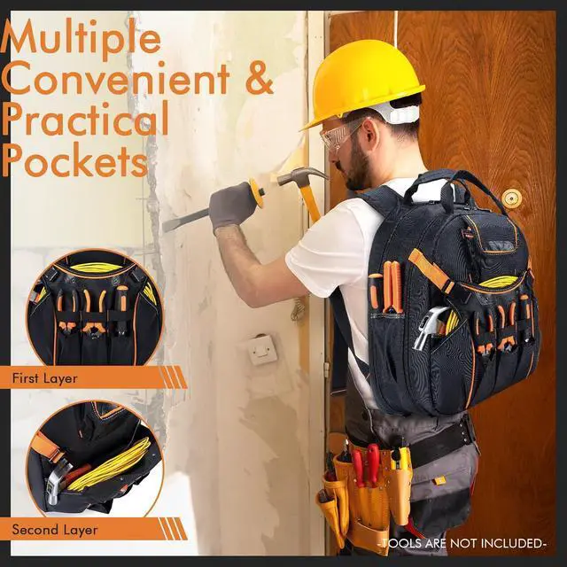 Alt view image 3 of 6 - Tool Backpack Heavy Duty 52 Pockets Tool Bag Backpack for Men Waterproof Electrician Bags with Laptop Compartment for Storage Organization Repairman Industrial & Construction Work Blue