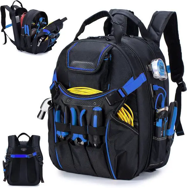 Main image of Tool Backpack Heavy Duty 52 Pockets Tool Bag Backpack for Men Waterproof Electrician Bags with Laptop Compartment for Storage Organization Repairman Industrial & Construction Work Blue