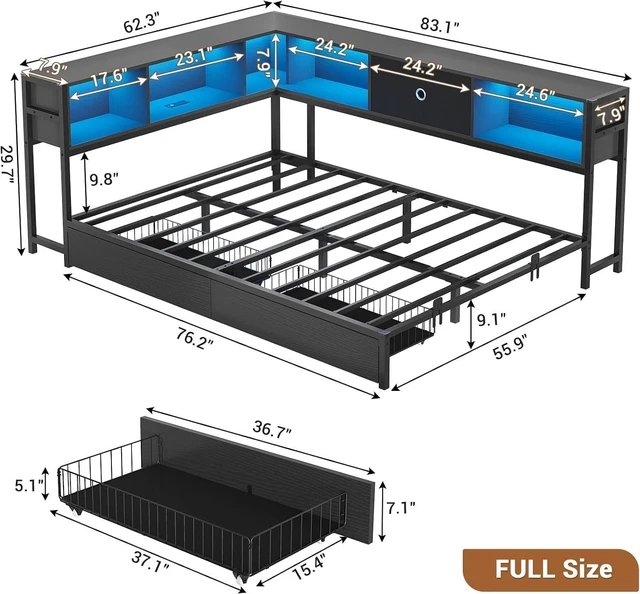 Alt view image 6 of 7 - Full Corner Bed Frame with Storage Drawers and Bookcase Headboard, Full Size Metal Platform Corner Bed Frame with Charging Station and LED Lights, Full Daybed for Kids Teens Guests, Black