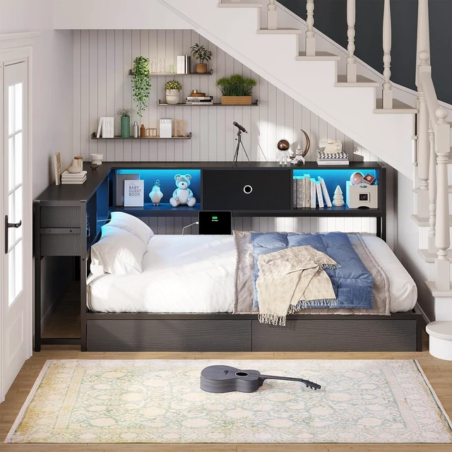 Alt view image 5 of 7 - Full Corner Bed Frame with Storage Drawers and Bookcase Headboard, Full Size Metal Platform Corner Bed Frame with Charging Station and LED Lights, Full Daybed for Kids Teens Guests, Black