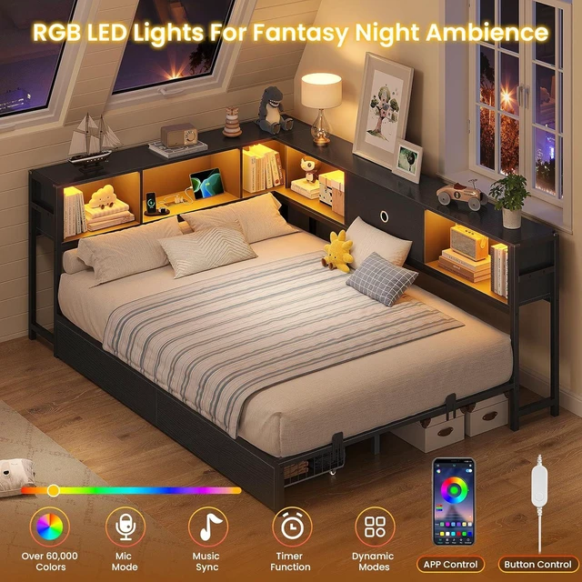 Alt view image 7 of 7 - Full Corner Bed Frame with Storage Drawers and Bookcase Headboard, Full Size Metal Platform Corner Bed Frame with Charging Station and LED Lights, Full Daybed for Kids Teens Guests, Black