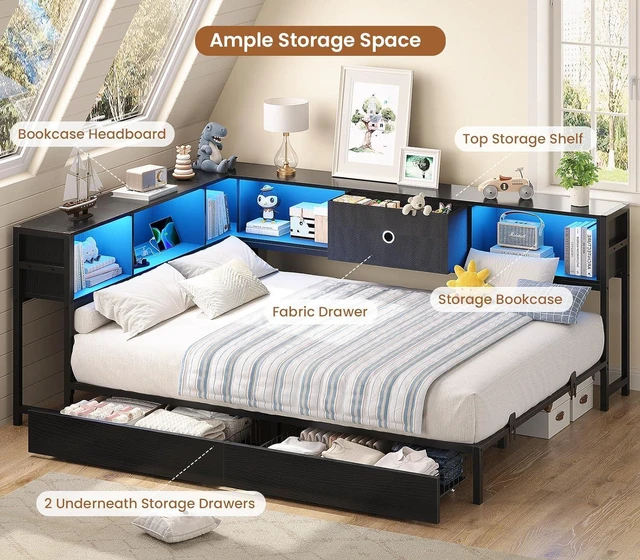 Alt view image 3 of 7 - Full Corner Bed Frame with Storage Drawers and Bookcase Headboard, Full Size Metal Platform Corner Bed Frame with Charging Station and LED Lights, Full Daybed for Kids Teens Guests, Black